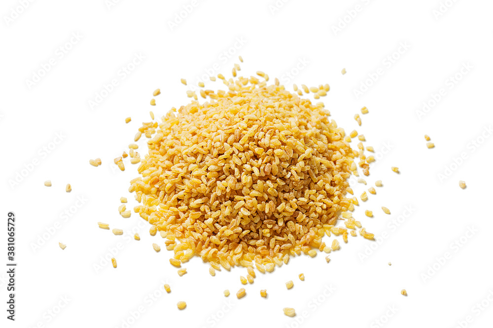 Raw bulgur . Healthy gluten free product. Concept of healthy eating. Organic wheat grains product. isolated on white background Raw bulgur . Healthy gluten free product. Concept of healthy eating. Organic wheat grains product. isolated on white background