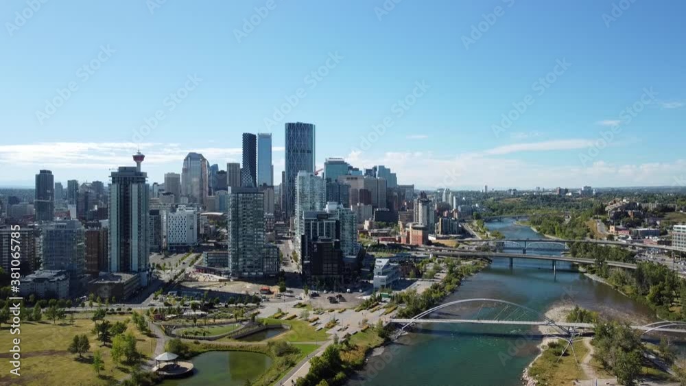Aerial of Calgary's skyline, the Bow River and George C. King bridge