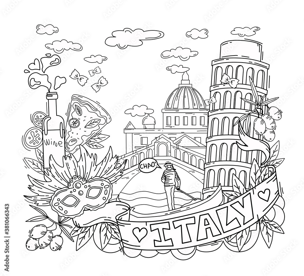 Vector illustration and coloring book. City attraction. Objects are isolated.