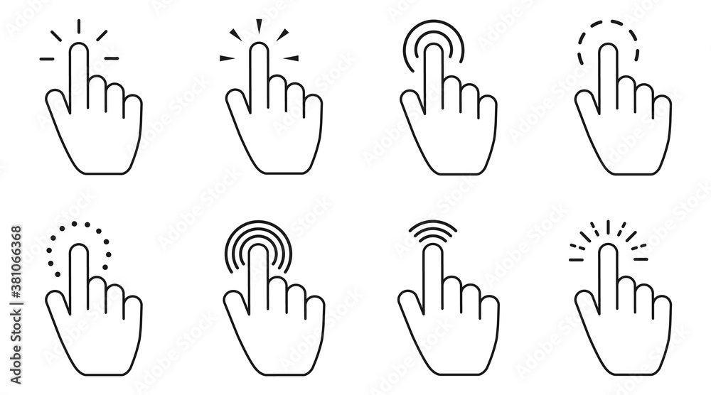 Hand clicking icon set. Finger click mouse pointer. Hand clicking icon set. Finger click mouse pointer.