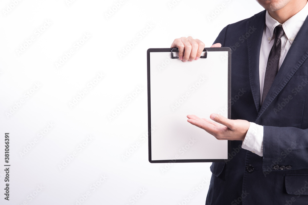 business man showing blank clipboard, isolated on white background. business man showing blank clipboard, isolated on white background.