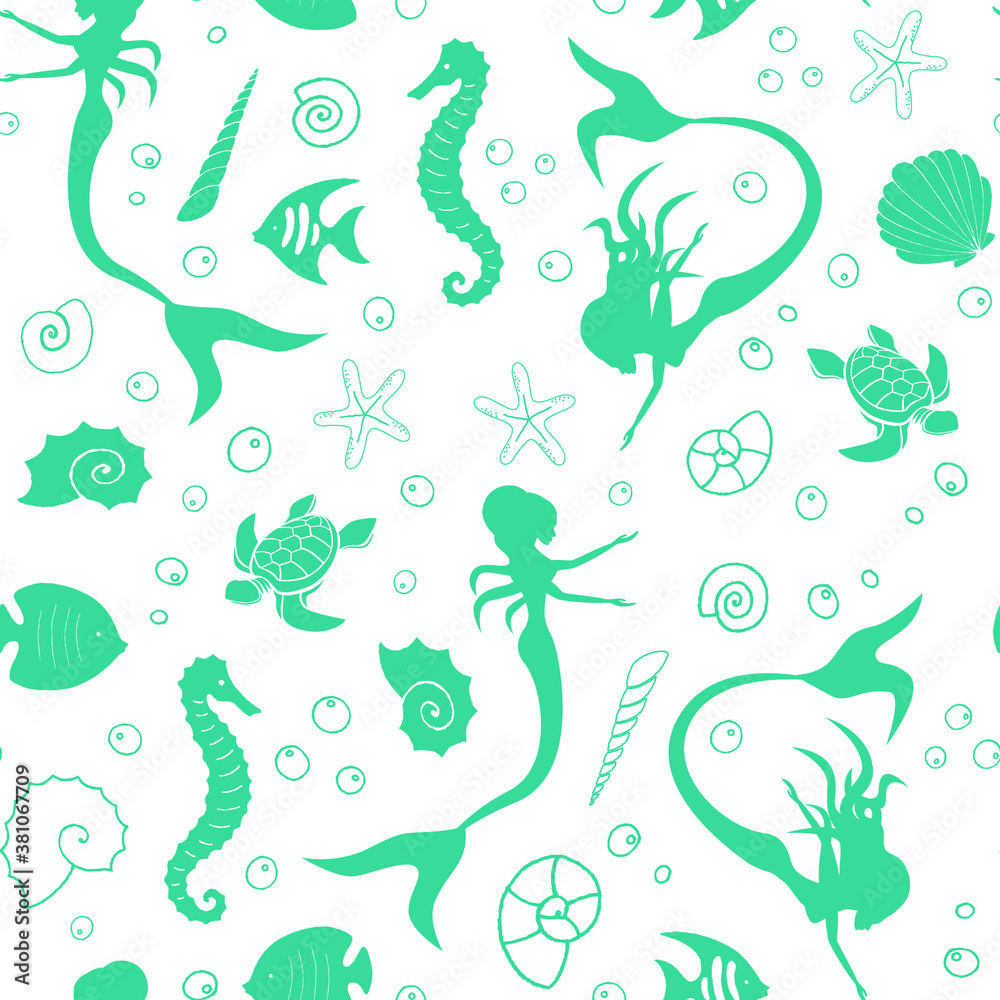 Obraz premium Sea life marine creatures and mermaids seamless pattern. Vector illustration. Vector graphic illustration. 