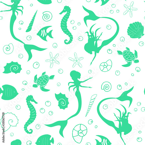 Sea life marine creatures and mermaids seamless pattern. Vector illustration. Vector graphic illustration.	