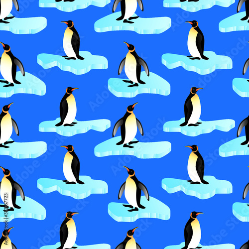 Penguins on blue background seamless pattern. Vector illustration.