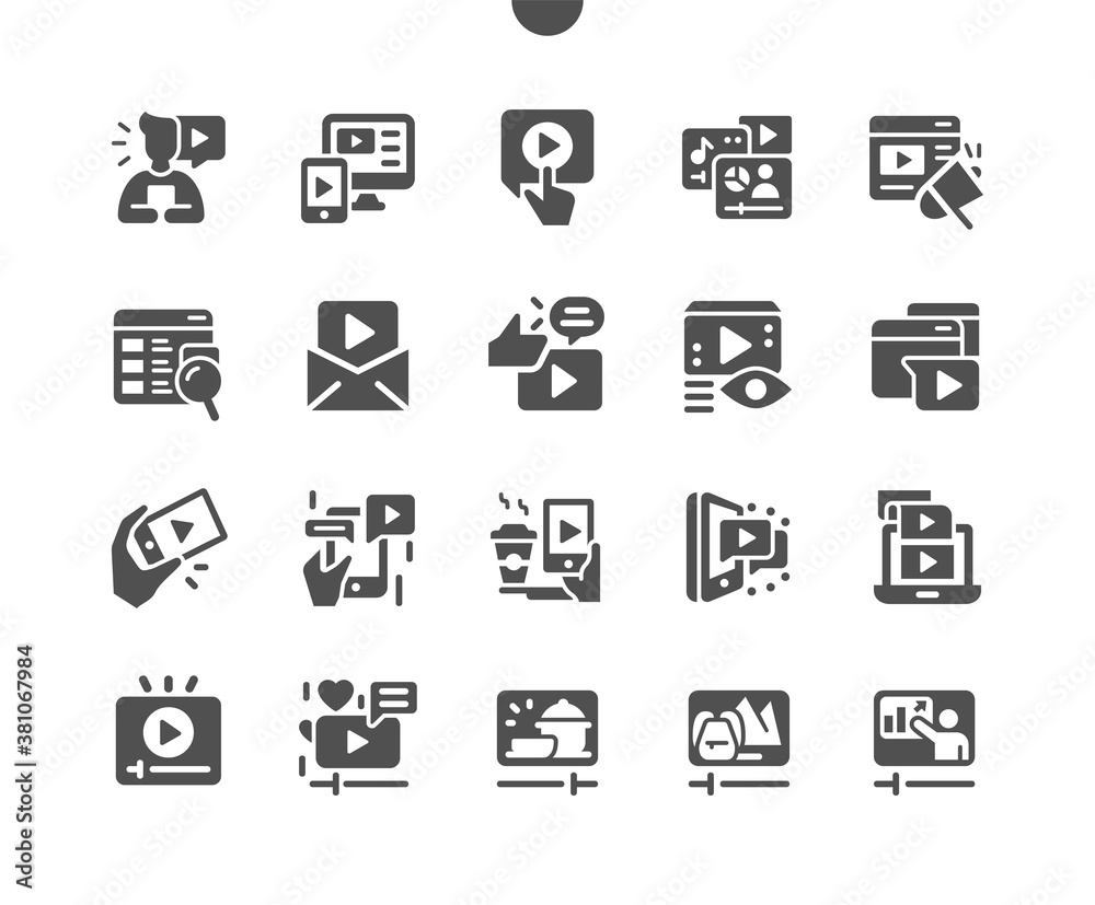Social media video. Marketing strategy. Video live streamings. Mobile gadgets, tablet computer and smartphone for watching live video over the Internet. Content. Vector Solid Icons. Simple Pictogram Social media video. Marketing strategy. Video live streamings. Mobile gadgets, tablet computer and smartphone for watching live video over the Internet. Content. Vector Solid Icons. Simple Pictogram