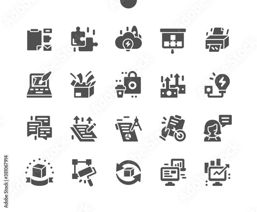 Branding, corporate identity, company personality development. Brand building, target, social media, story telling, awareness, customer service. Vector Solid Icons. Simple Pictogram