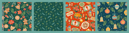 Set of Christmas and Happy New Year seamless pattern. Vector design template.