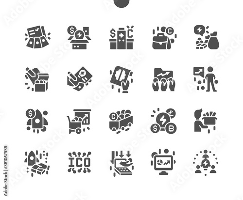 ICO token, blockchain technology. Initial coin offering. Mining of cryptocurrency. IT startup crowdfunding. Vector Solid Icons. Simple Pictogram