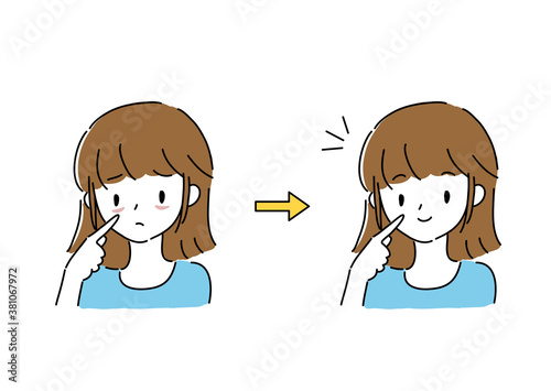 目の下に黒ずみがある若い女性と改善して喜ぶ女性