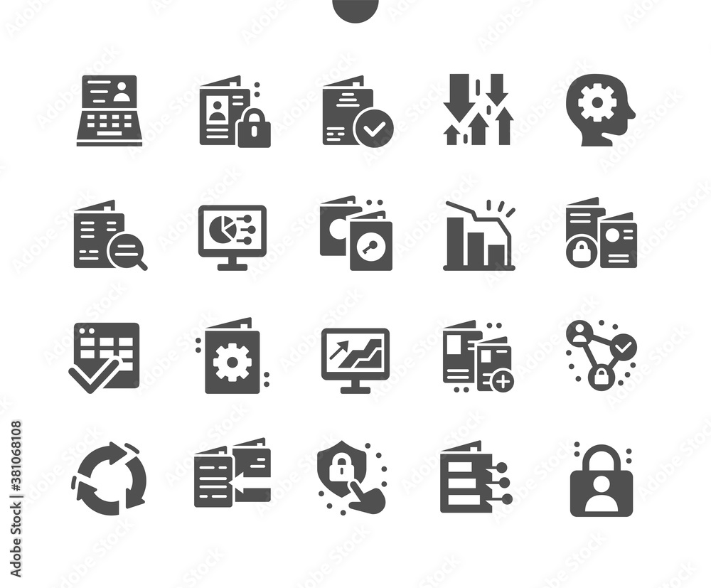 Database and web hosting. Internet technologies. Digital data network connections. Database protection and secure transmission of information. Vector Solid Icons. Simple Pictogram