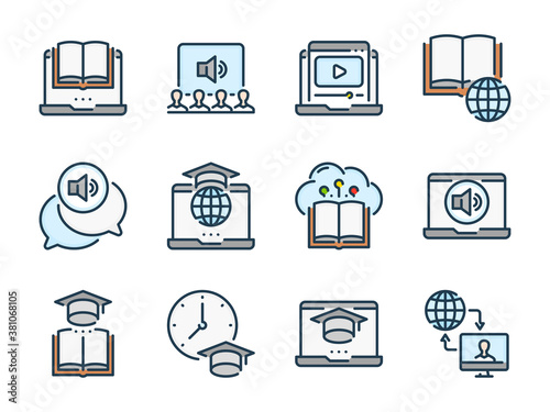 Distance Education and Online Lecture related vector color line icons. E-learning and Remote Learning colorful outline icon set.