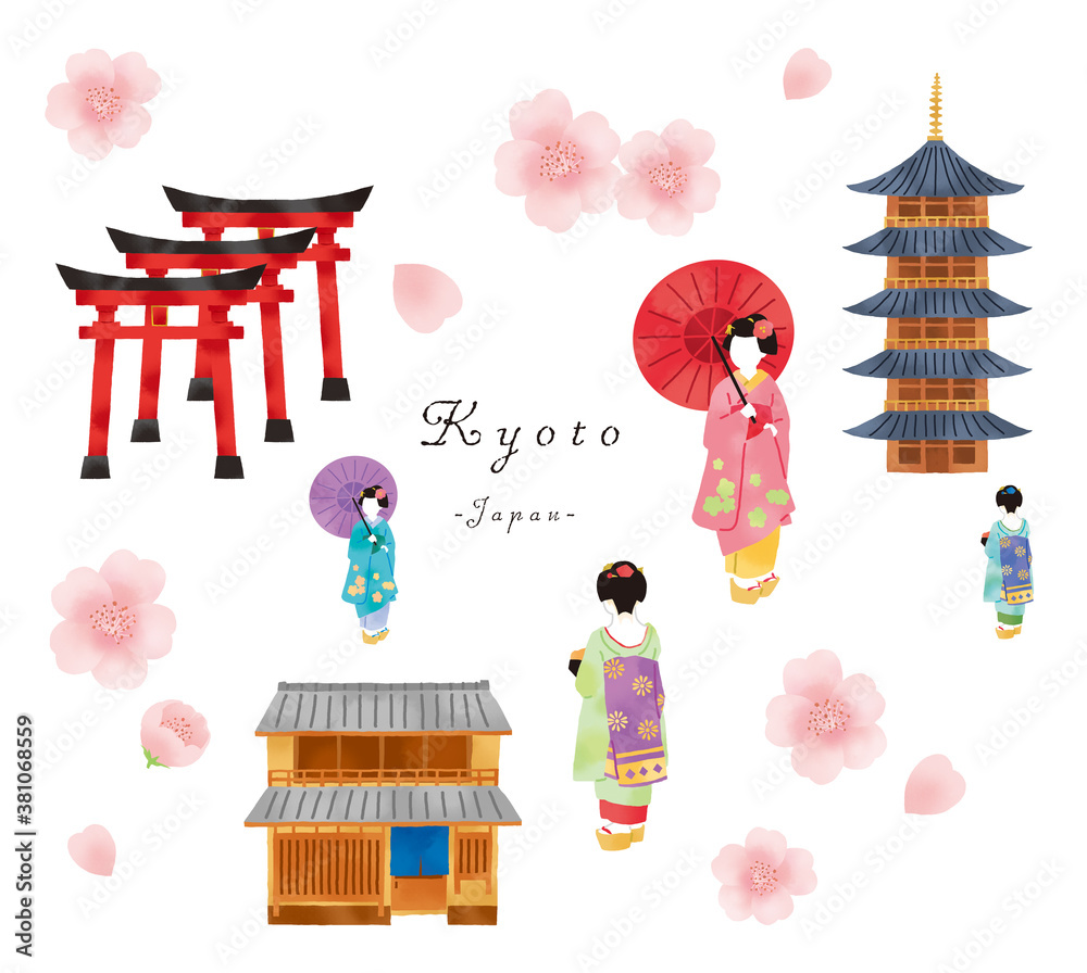舞妓さんと京都の町家とお寺のセットイラスト Ilustracion De Stock Adobe Stock