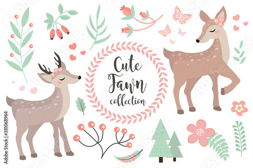 Cute fawn character set of objects. Collection of design elements with little deer, plants, flowers. Kids baby clip art funny smiling forest animal. Vector illustration
