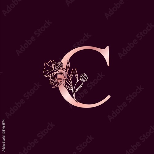 Gold Rose Flower Letter C Luxury Logo. Elegant alphabet monogram nature floral ornate initial letter design