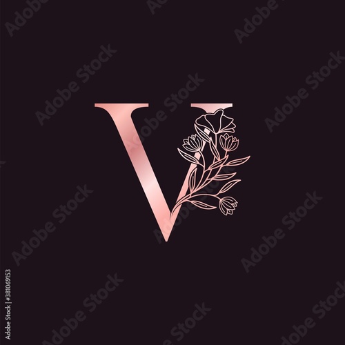 Gold Rose Flower Letter V Luxury Logo. Elegant alphabet monogram nature floral ornate initial letter design