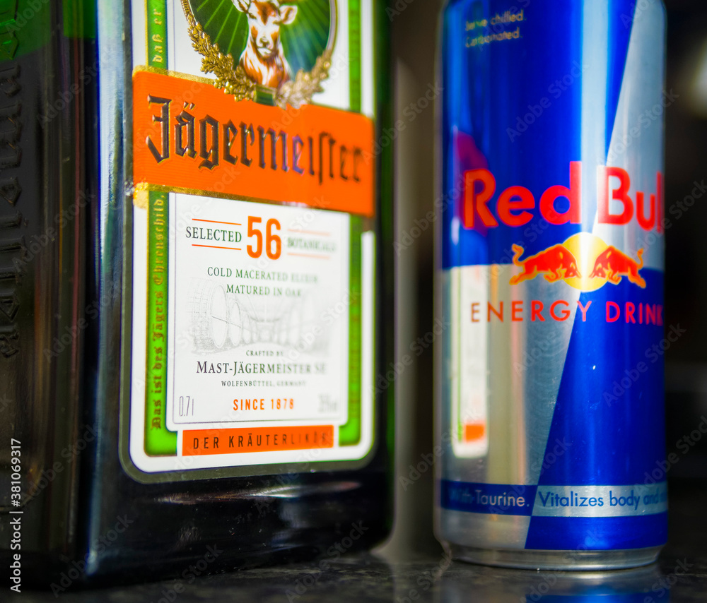 teater brysomme Glæd dig London, England - February 17, 2019: Bottle of Jägermeister with Can of Red  Bull, The ingredients needed to make a Jager Bomb Stock Photo | Adobe Stock