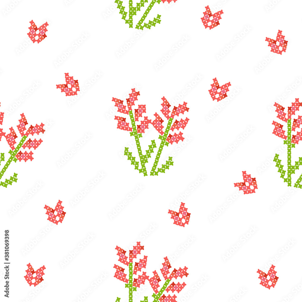 Fototapeta premium Pink flowers seamless pattern cross stitch style