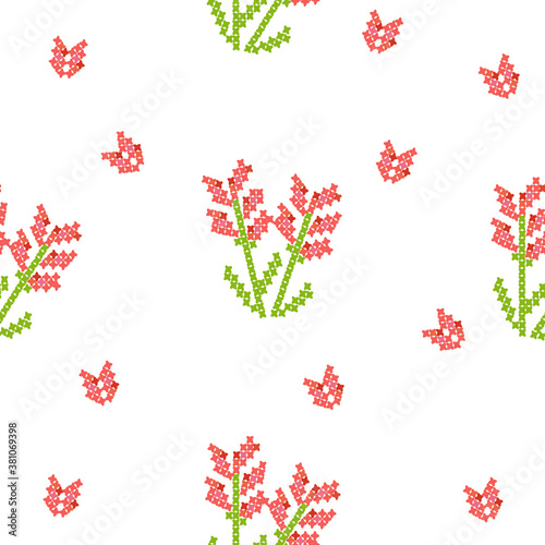 Pink flowers seamless pattern cross stitch style
