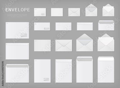 White envelopes set. Blank mockups, front and back, open and closed. Different sizes. Vector illustration.