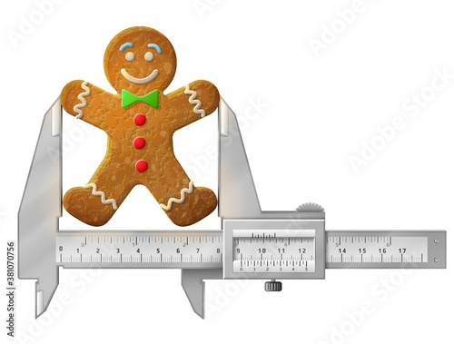 Horizontal caliper measures gingerbread man. Concept of holiday cookie decorated colored icing and measuring tool. Vector illustration for christmas, cooking, new years day, winter holiday, food, etc