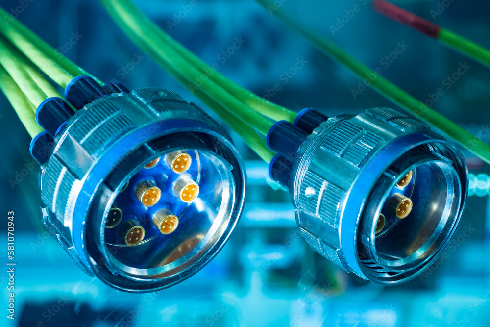 Multicoaxial cable assembly. Power connector closeup. Power cable