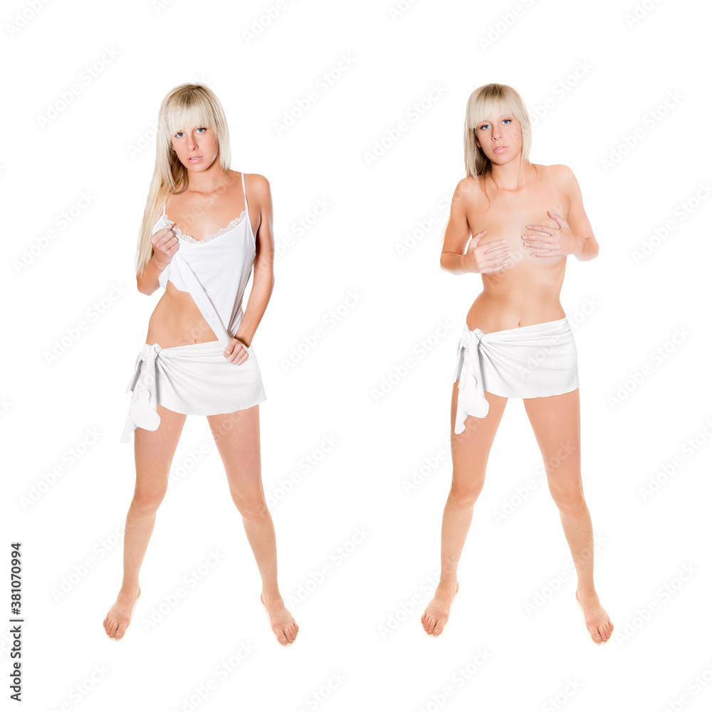 Two photos of an attractive young blonde woman wearing a bath towel and a top and topless, full length portrait isolated in front of white studio background Two photos of an attractive young blonde woman wearing a bath towel and a top and topless, full length portrait isolated in front of white studio background