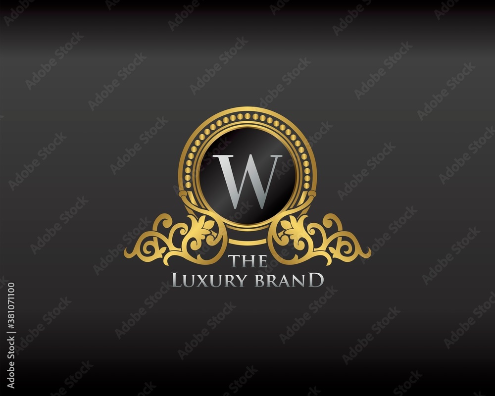 Gold Luxury Brand Letter W Elegant Logo Badge. Golden Letter Initial Crest, Wreath and Crown Monogram Design Vector. Gold Luxury Brand Letter W Elegant Logo Badge. Golden Letter Initial Crest, Wreath and Crown Monogram Design Vector.