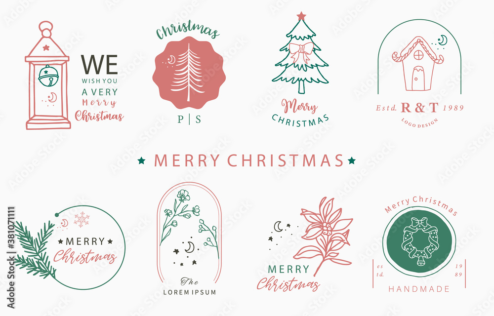 Christmas logo collection with Christmas tree, snowman,wreath,house.Vector illustration for icon,logo,sticker,printable and tattoo
