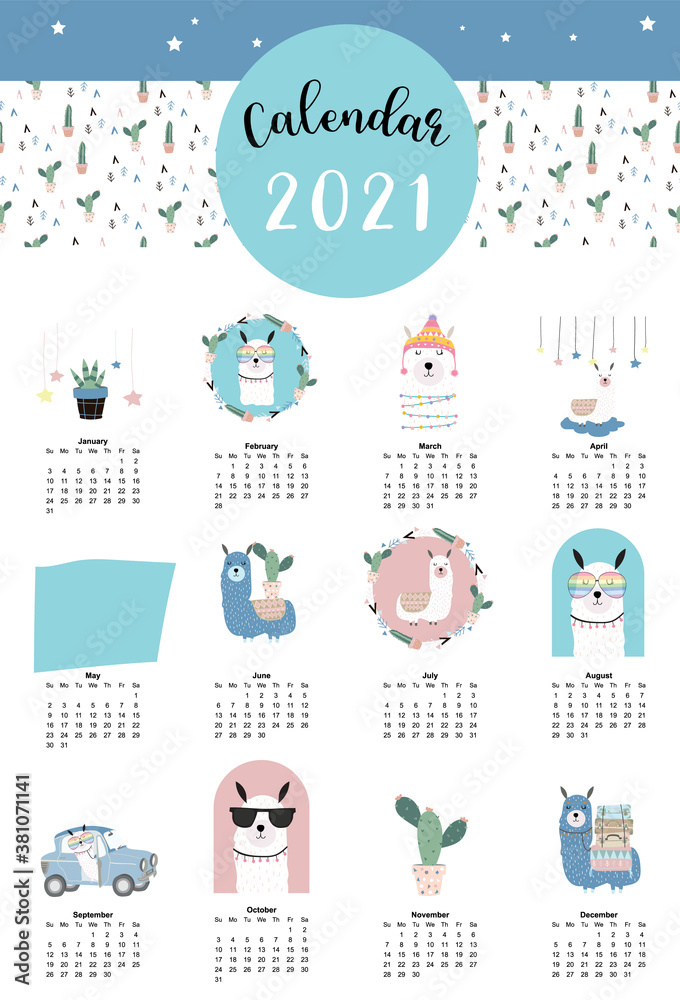 Cute animal calendar 2021 with llama, alpaca, cactus for children, kid, baby.Can be used for printable graphic.Editable elemen