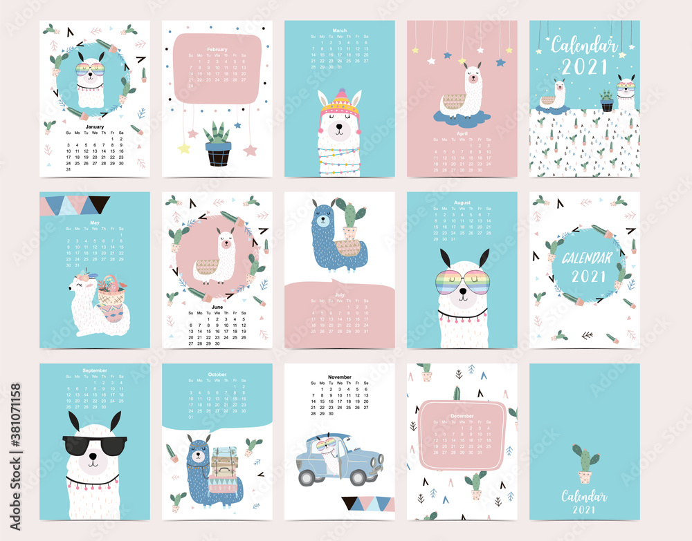 Cute animal calendar 2021 with llama, alpaca, cactus for children, kid, baby.Can be used for printable graphic.Editable elemen
