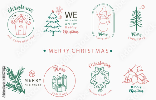 Christmas logo collection with Christmas tree, snowman,wreath,flower.Vector illustration for icon,logo,sticker,printable and tattoo