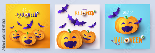 Halloween Party invitations, greeting cards, or posters Set with Holiday calligraphy, cutest pumpkins and bats. Design template for advertising, web, social media. Paper cut style