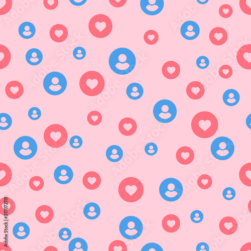 Likes for blogger seamless pattern. Red hearts and blue avatars on pink background social audience ad marketing content optimization viral vector blogging mobile network search.