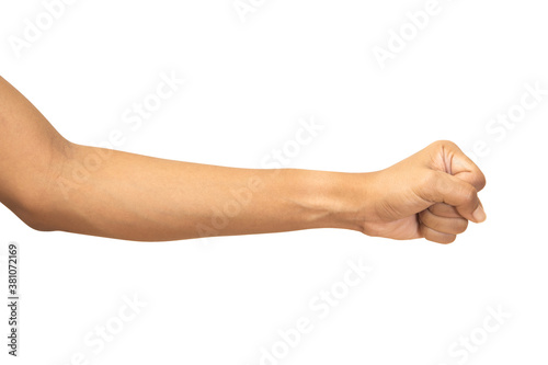 Hand of woman stranglehold, handful, studio light shooting isolated on white background