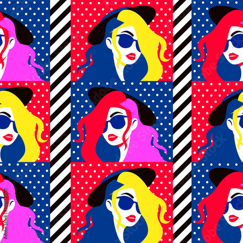 Stylish woman in sunglasses seamless pattern. Fashionable girl in hat with yellow red hairstyle elegant model glasses pink shade colorful lifestyle and romantically attractive vector image.