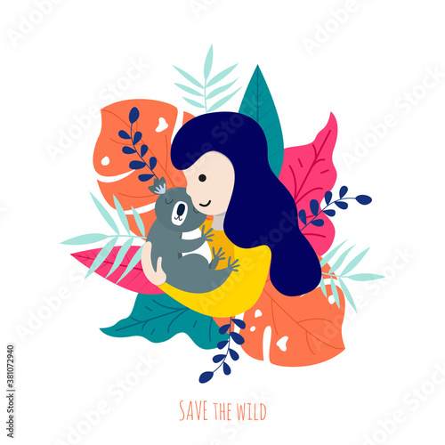 Girl with koala on her heands with tropical leaves on white background. Save the wild. Save koalas from forest fire in Australia. Flat vector illustration