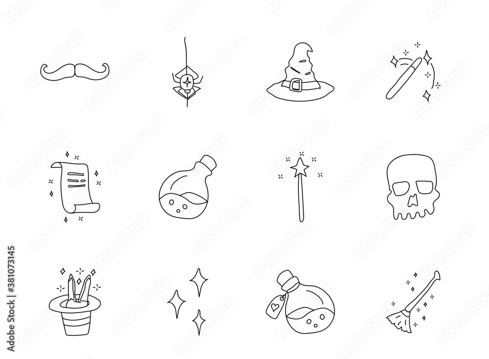 magic hand drawn linear vector icons isolated on white background. magic doodle icon set for web and ui design, mobile apps and print products