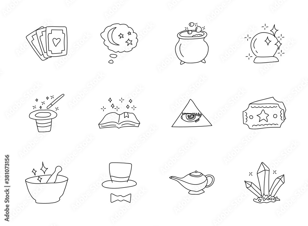 magic doodles isolated on white. magic icon set for web design, user interface, mobile apps and print
