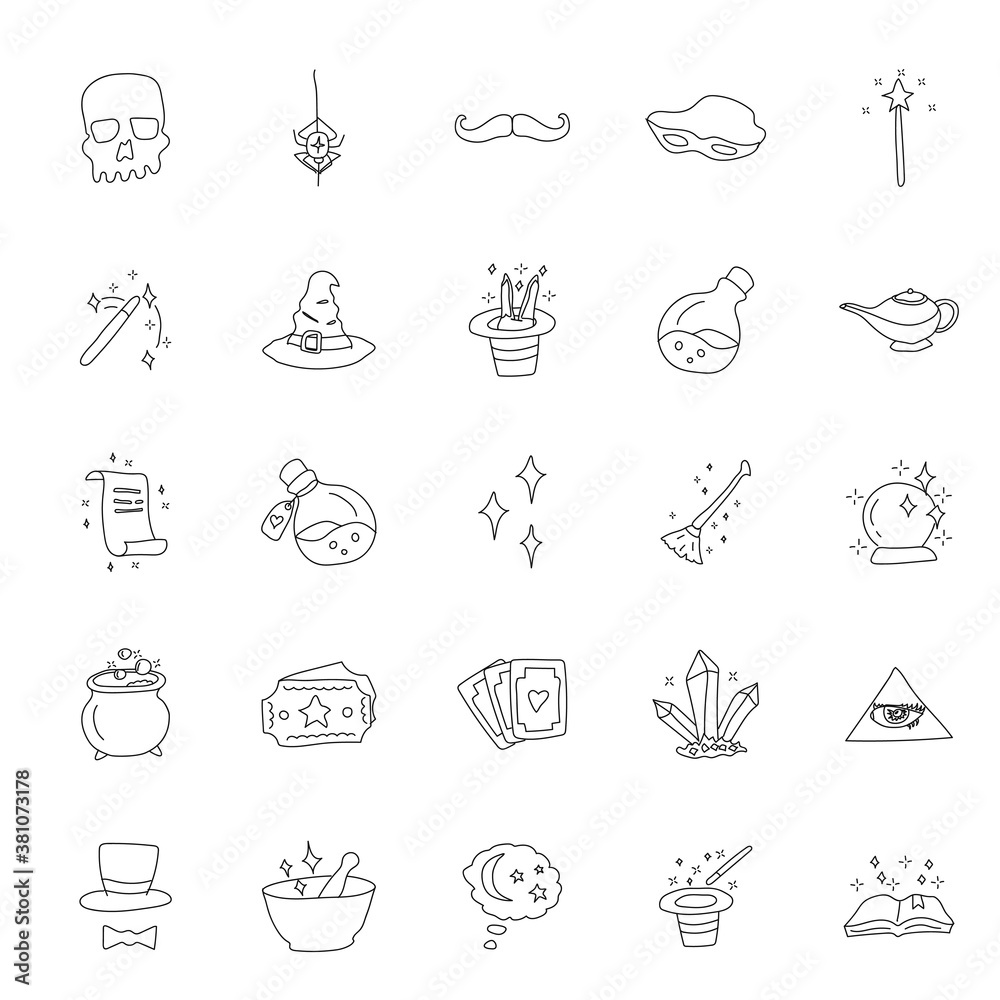 magic hand drawn linear doodles isolated on white background.magic icon set for web and ui design, mobile apps and print products