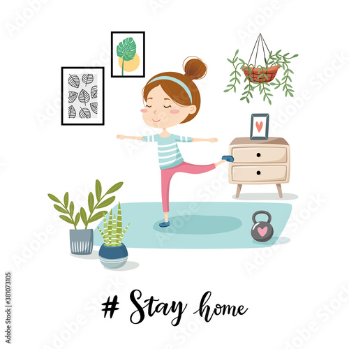 Stay home concept.  Woman doing workout at home to avoid corona virus spreading.