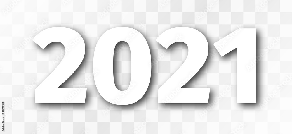 Number 2021. New 2021 year headline. White isolated numbers with transparent shadow on checkered background - obrazy, fototapety, plakaty 