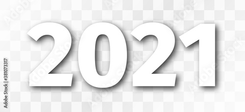 Number 2021. New 2021 year headline. White isolated numbers with transparent shadow on checkered background