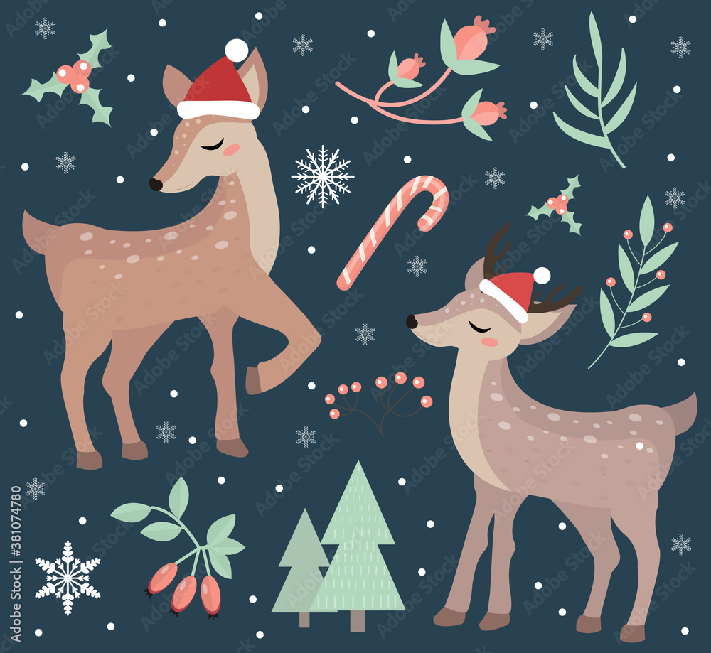 Merry christmas postcard. Cute fawn in the winter forest set of objects. Collection of design elements with a little deer in a hat of Santa Claus, snowflakes and a Christmas tree. Vector illustration