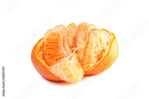 Fresh peeled mandarin orange isolated on white background. Citrus reticulata, tangerine, clementine