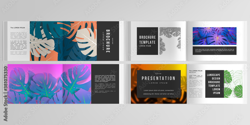 Vector layouts of horizontal presentation design templates for landscape design brochure, cover design, flyer, book. Tropical palm leaves, shadow of tropical jungle leaves. Floral pattern backgrounds.