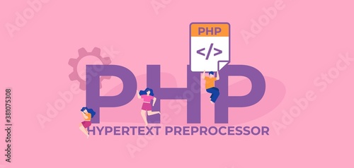 PHP hypertext preprocessor. Pioneering language programming and coding technologies and web graphic scripts and business monitoring interfaces poster of mobile vector applications.