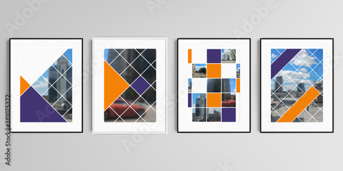 Realistic vector set of picture frames in A4 format isolated on gray background. Abstract design project in geometric style with squares and place for a photo.