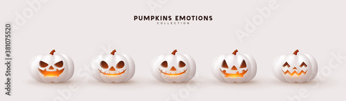 Halloween Set of pumpkin for holiday. Realistic 3d white pumpkins with cut scary good joy smile. Collection of 3d objects. Design elements isolated on light background. Vector illustration
