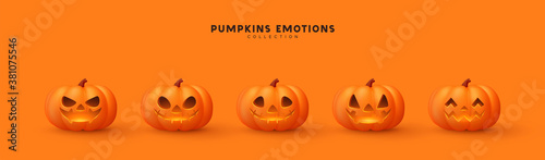 Halloween Set of pumpkin for holiday. Realistic 3d orange pumpkins with cut scary good joy smile. Collection of 3d objects. Design elements isolated on light background. Vector illustration
