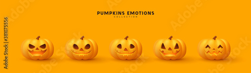 Halloween Set of pumpkin for holiday. Realistic 3d orange pumpkins with cut scary good joy smile. Collection of 3d objects. Design elements isolated on light background. Vector illustration
